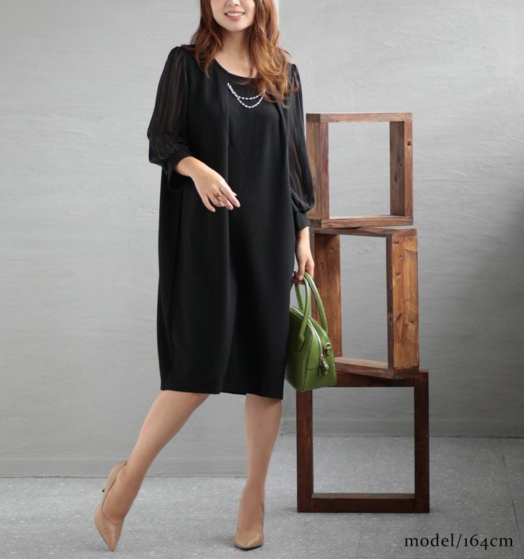大きいサイズ レディース 通勤ネックレスチャーム付きシフォン袖ワンピース　フォーマル ワンピース mncut-102024