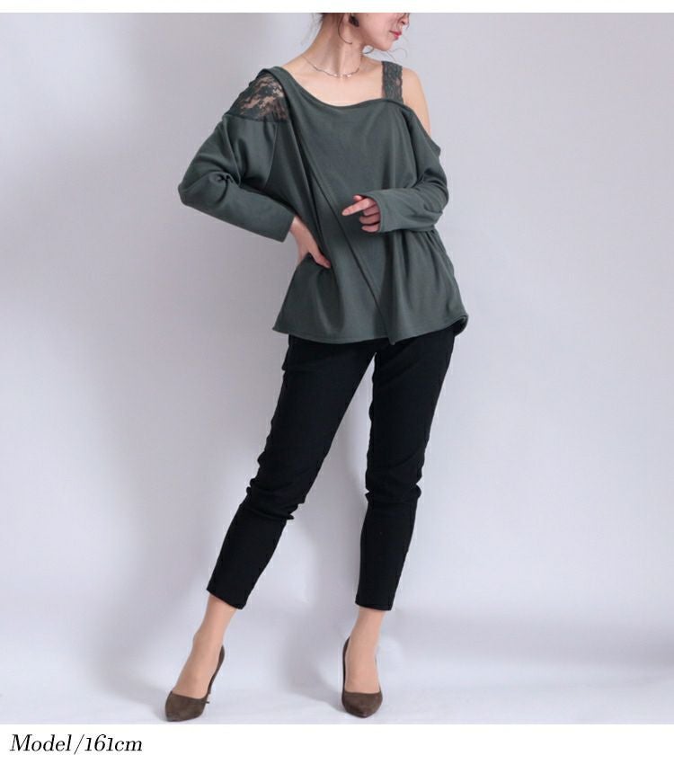 大きいサイズ レディース レース使いワンショルダートップス　maru-6370