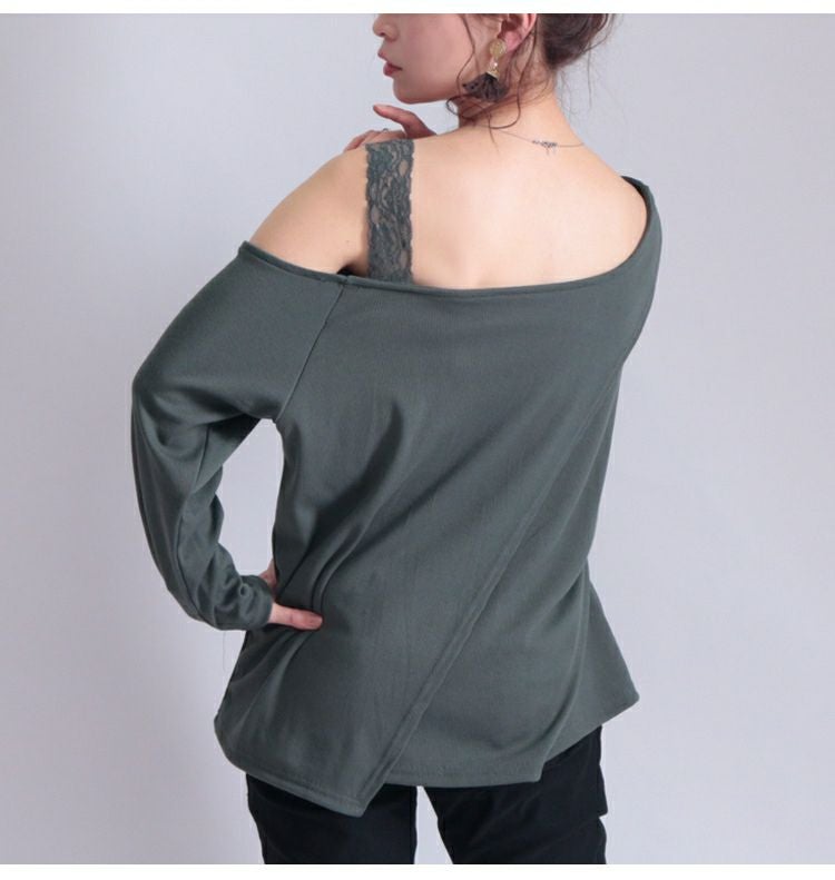 大きいサイズ レディース レース使いワンショルダートップス　maru-6370