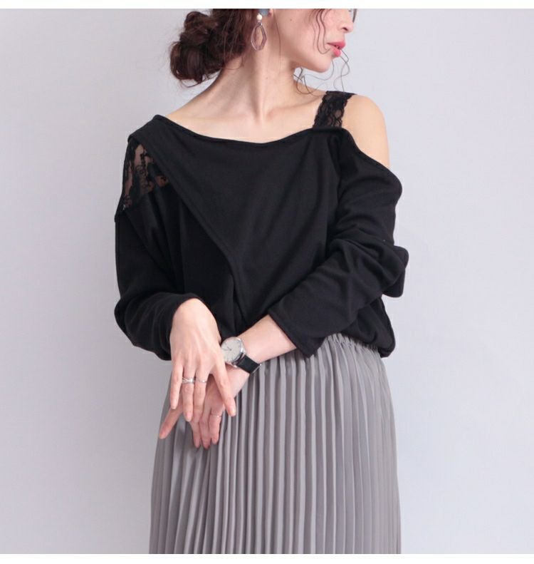 大きいサイズ レディース レース使いワンショルダートップス　maru-6370