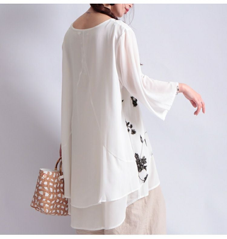 大きいサイズ レディース 花刺繍シフォンチュニック　jp213