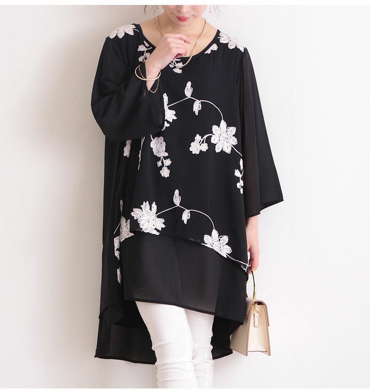 大きいサイズ レディース 花刺繍シフォンチュニック　jp213