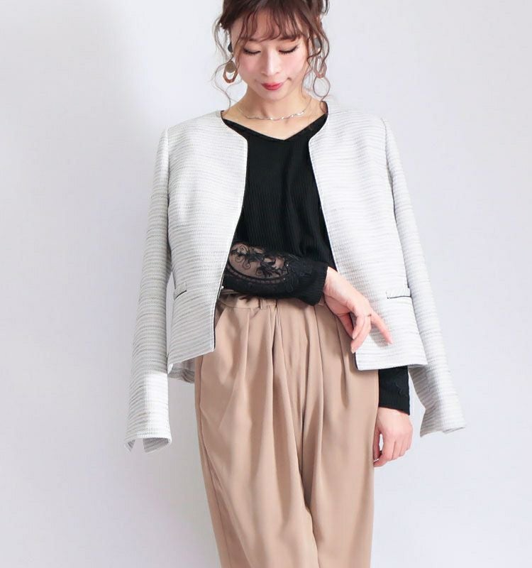 大きいサイズ レディース 肩レースVネックリブトップス　humio-042