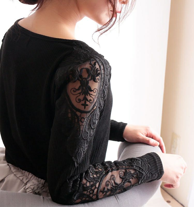 大きいサイズ レディース 肩レースVネックリブトップス　humio-042