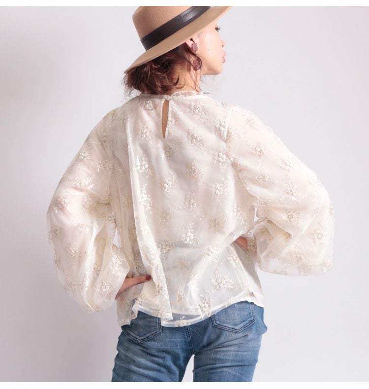 大きいサイズ レディース 刺繍チュールボリューム袖ブラウス　maru-31602