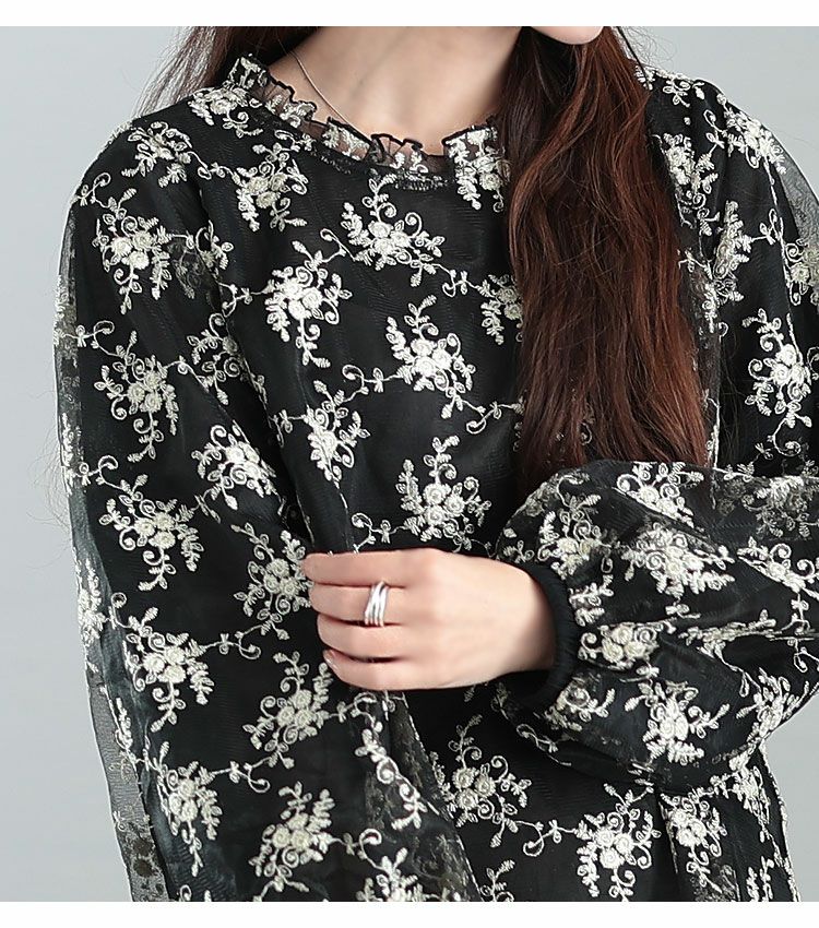 大きいサイズ レディース 刺繍チュールボリューム袖ブラウス　maru-31602