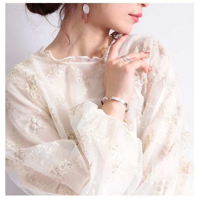 大きいサイズ レディース 刺繍チュールボリューム袖ブラウス　maru-31602 ゴールド