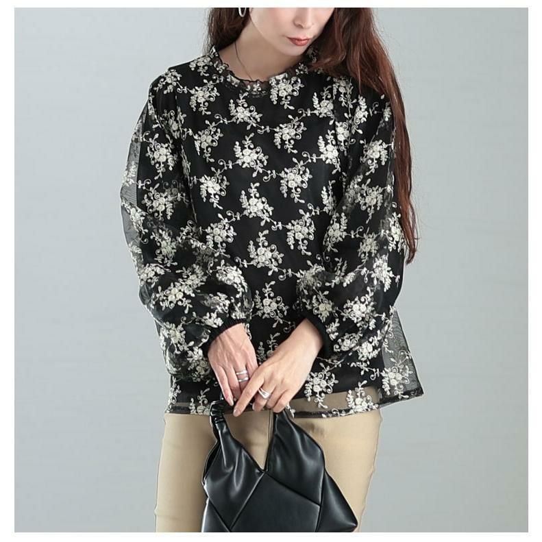 大きいサイズ レディース 刺繍チュールボリューム袖ブラウス　maru-31602 ブラック