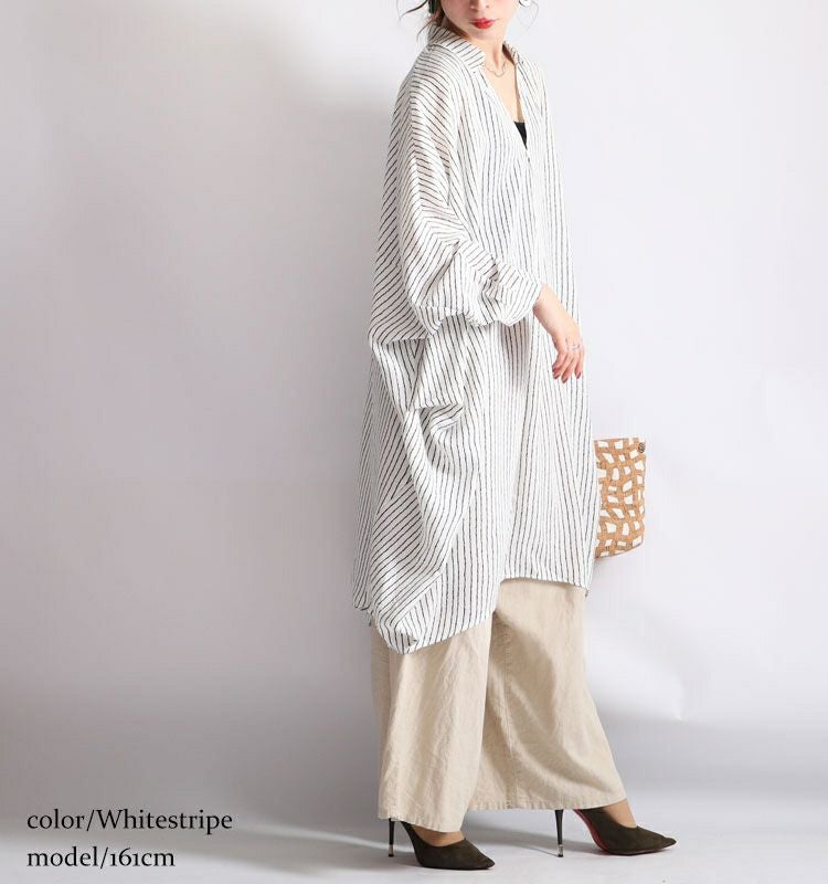 大きいサイズ レディース ストライプ柄ドルマンシャツチュニックワンピース　nw-20008