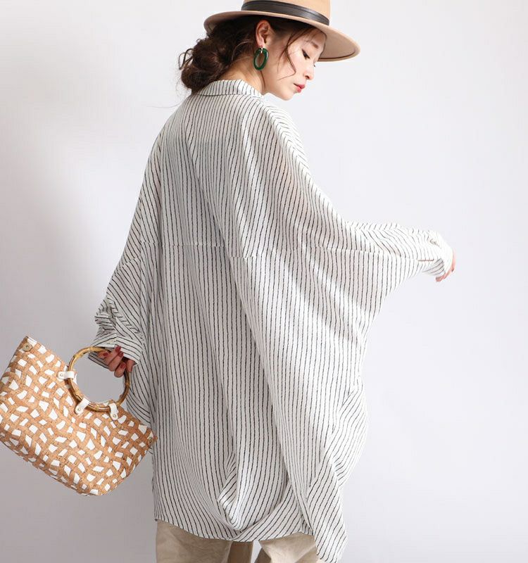 大きいサイズ レディース ストライプ柄ドルマンシャツチュニックワンピース　nw-20008