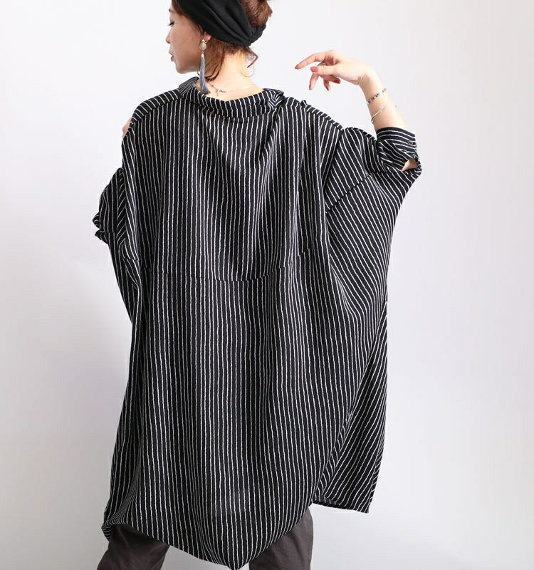 大きいサイズ レディース ストライプ柄ドルマンシャツチュニックワンピース　nw-20008