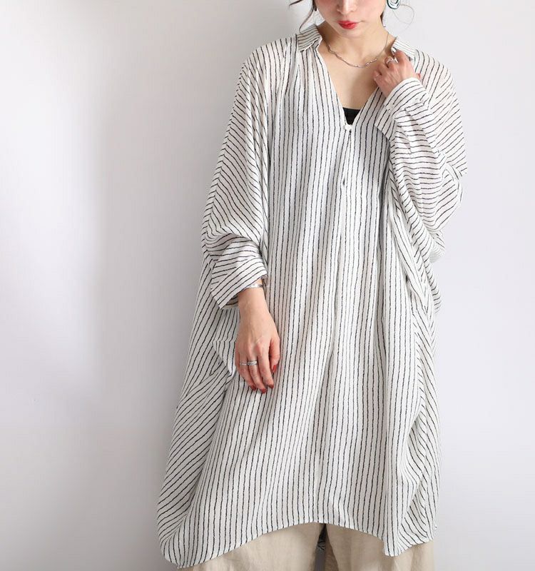 大きいサイズ レディース ストライプ柄ドルマンシャツチュニックワンピース　nw-20008