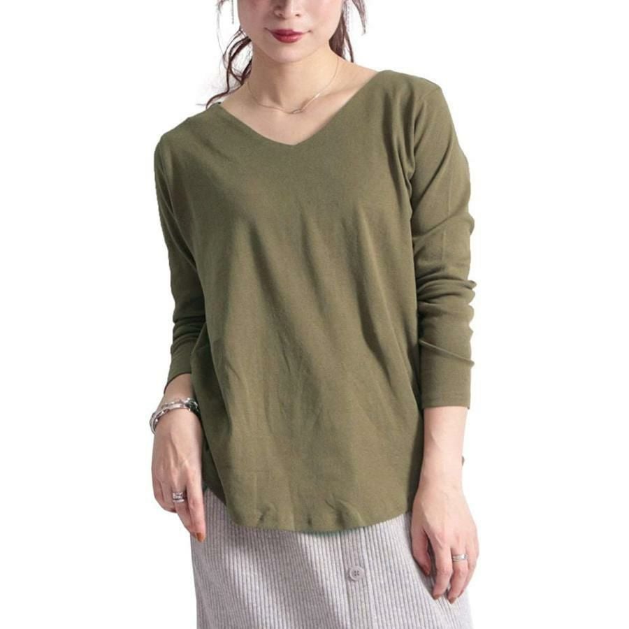 大きいサイズ レディース Vネックコットンカットソー　wk-0153 カーキ