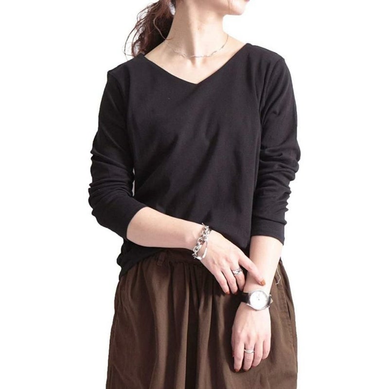 大きいサイズ レディース Vネックコットンカットソー　wk-0153 ブラック