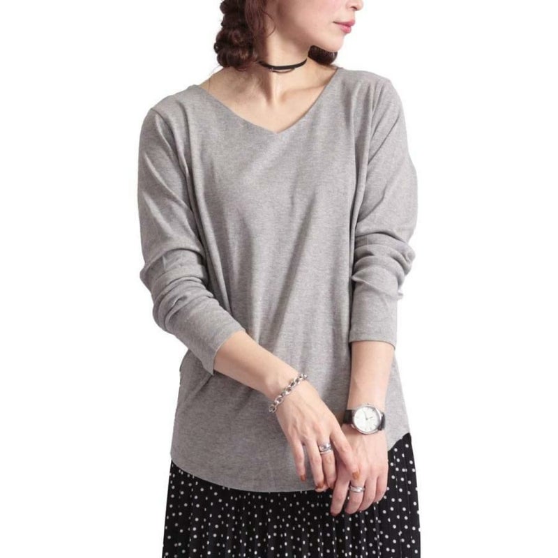 大きいサイズ レディース Vネックコットンカットソー　wk-0153 杢グレー