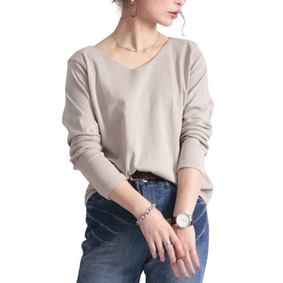 大きいサイズ レディース Vネックコットンカットソー　wk-0153 グレーベージュ
