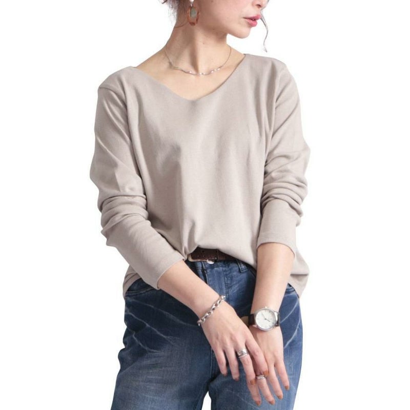 大きいサイズ レディース Vネックコットンカットソー　wk-0153 グレーベージュ