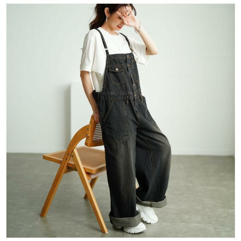 大きいサイズ レディース デニムサロペットワイドパンツ　wd-0253 ブラックデニム