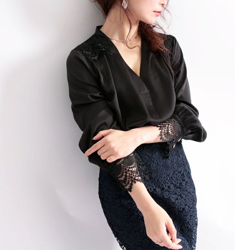 大きいサイズ レディース レース使いサテン調ブラウス　jp223【メール便可】