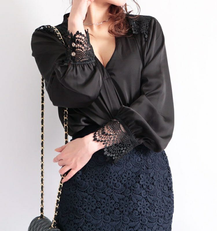 大きいサイズ レディース レース使いサテン調ブラウス　jp223【メール便可】