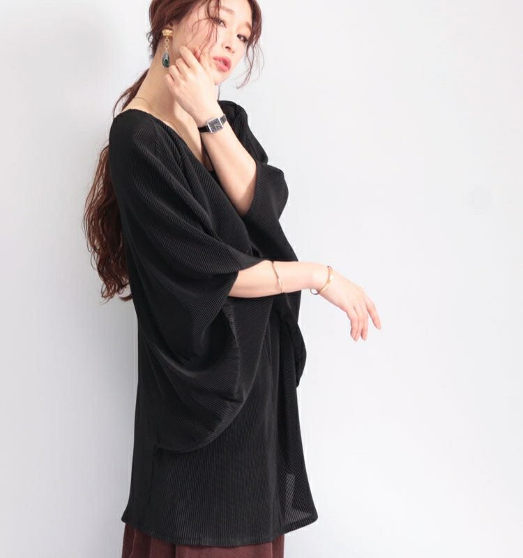 大きいサイズ レディース Ｖネックドルマンプリーツチュニック　nw-20009