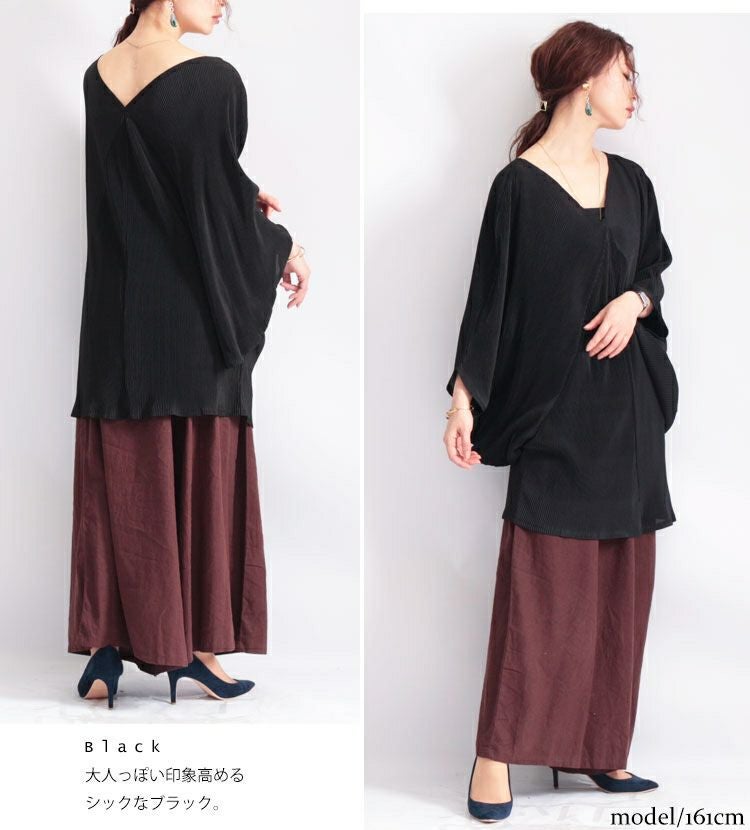 大きいサイズ レディース Ｖネックドルマンプリーツチュニック　nw-20009