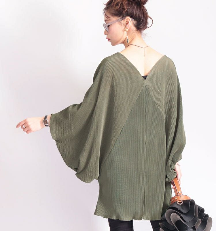 大きいサイズ レディース Ｖネックドルマンプリーツチュニック　nw-20009