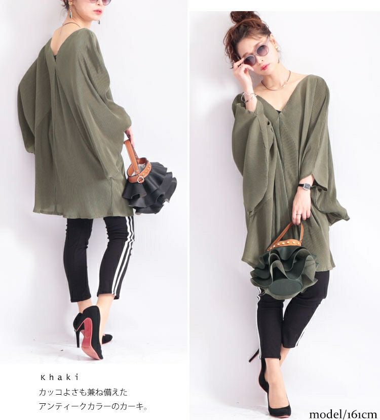 大きいサイズ レディース Ｖネックドルマンプリーツチュニック　nw-20009