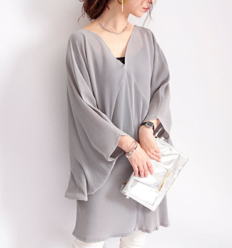 大きいサイズ レディース Ｖネックドルマンプリーツチュニック　nw-20009
