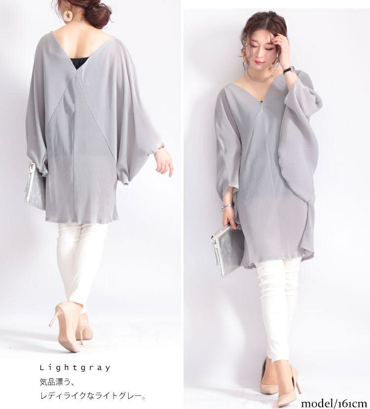 大きいサイズ レディース Ｖネックドルマンプリーツチュニック　nw-20009