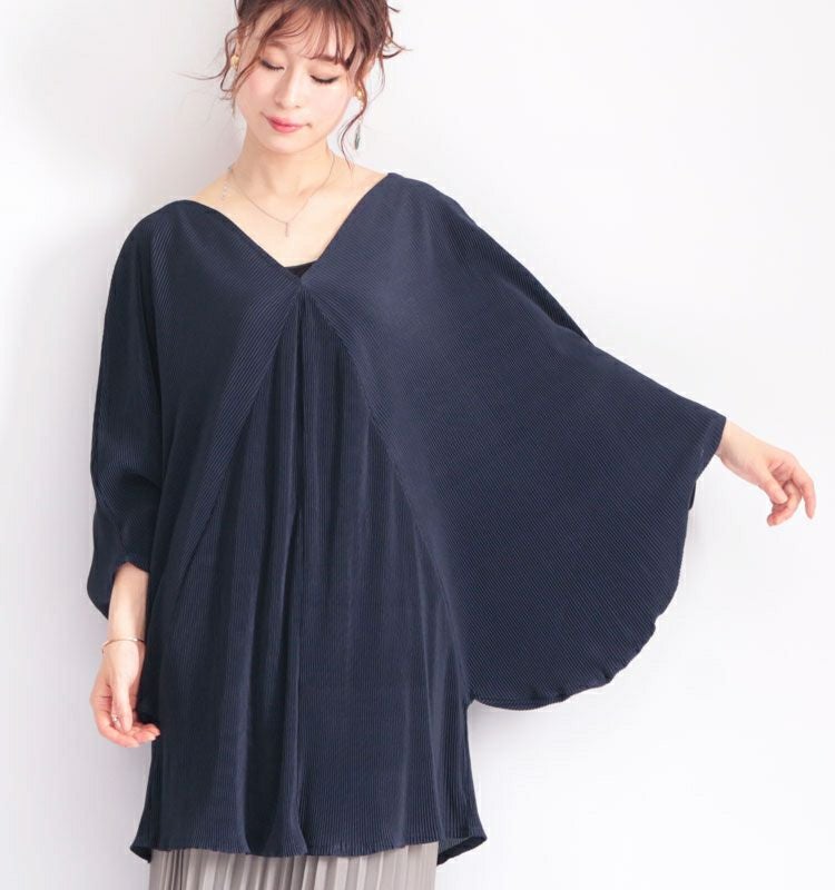 大きいサイズ レディース Ｖネックドルマンプリーツチュニック　nw-20009