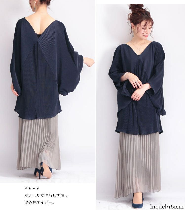 大きいサイズ レディース Ｖネックドルマンプリーツチュニック　nw-20009