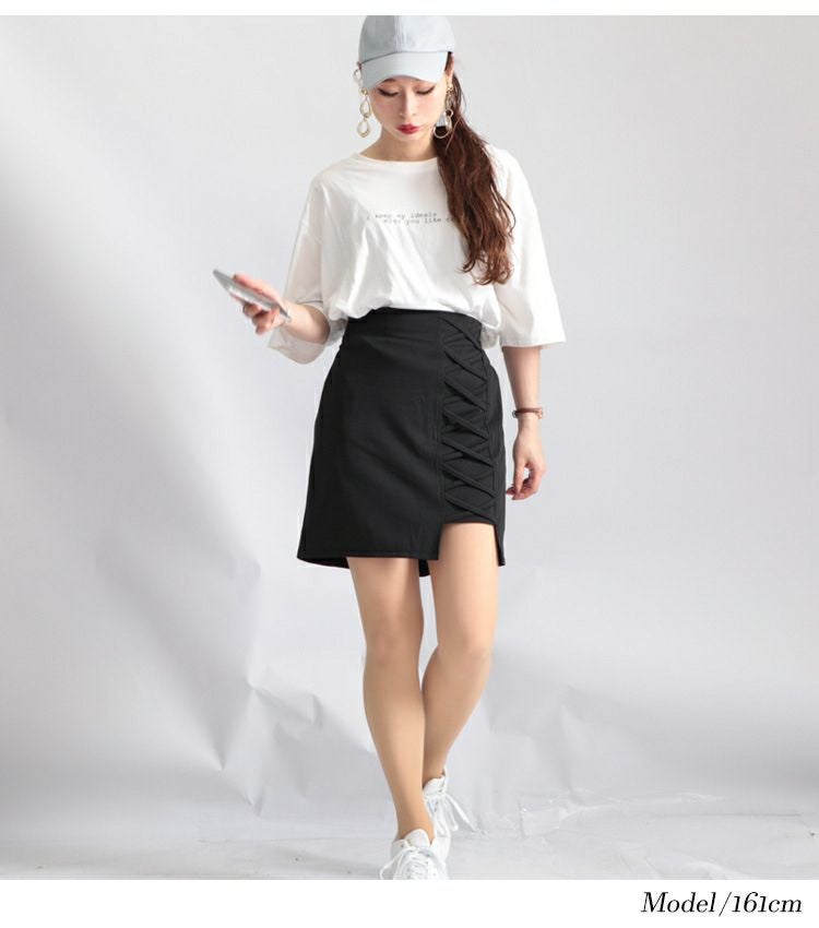 大きいサイズ レディース フェイクレースアップミニスカート　fem-048