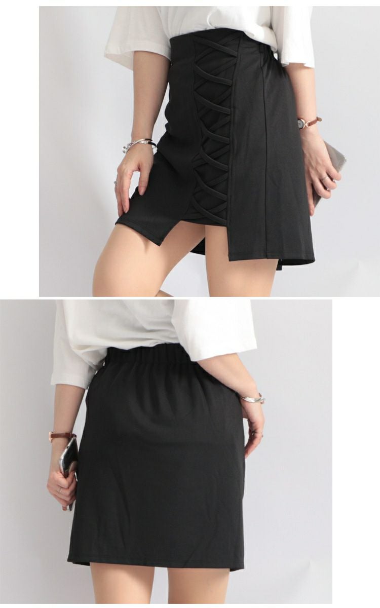 大きいサイズ レディース フェイクレースアップミニスカート　fem-048