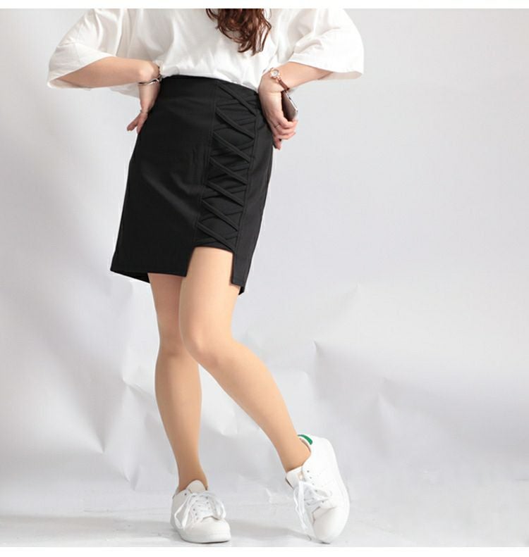 大きいサイズ レディース フェイクレースアップミニスカート　fem-048