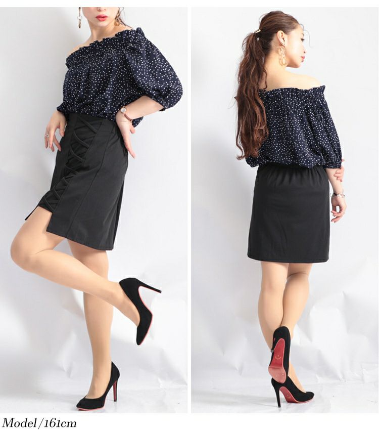 大きいサイズ レディース フェイクレースアップミニスカート　fem-048