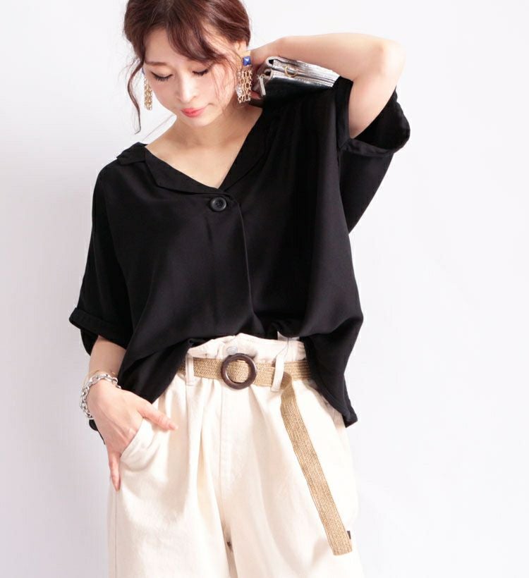 大きいサイズ レディース 裾タック開襟ドルマンシャツ　sw-0278
