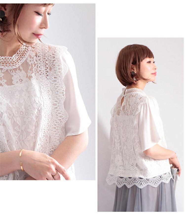 大きいサイズ レディース ハイネックレースブラウス　anc-31454