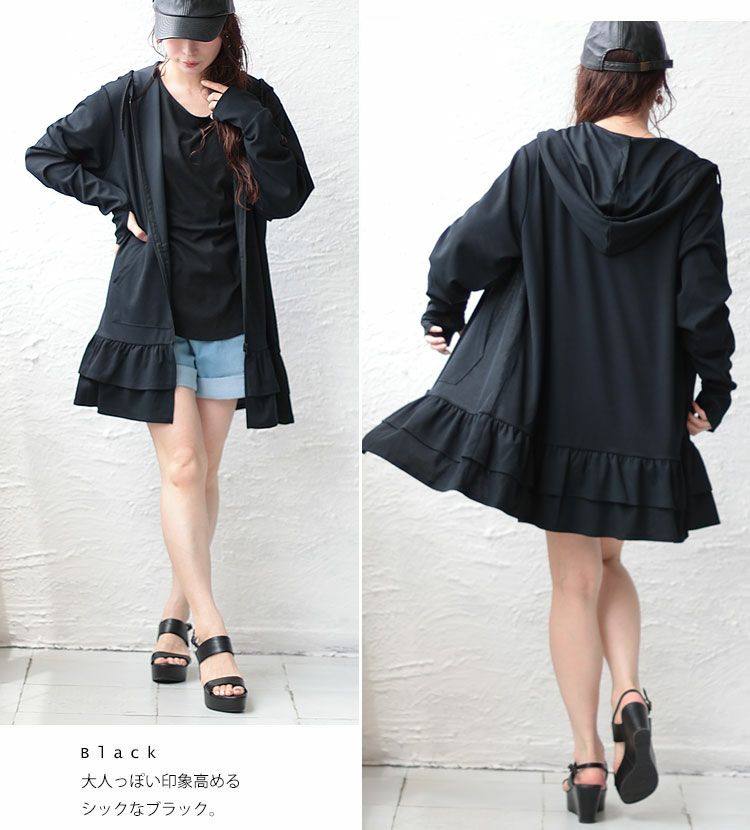 大きいサイズ レディース UVカット＆吸水速乾ラッシュガード裾フリルZIPパーカー　map-3