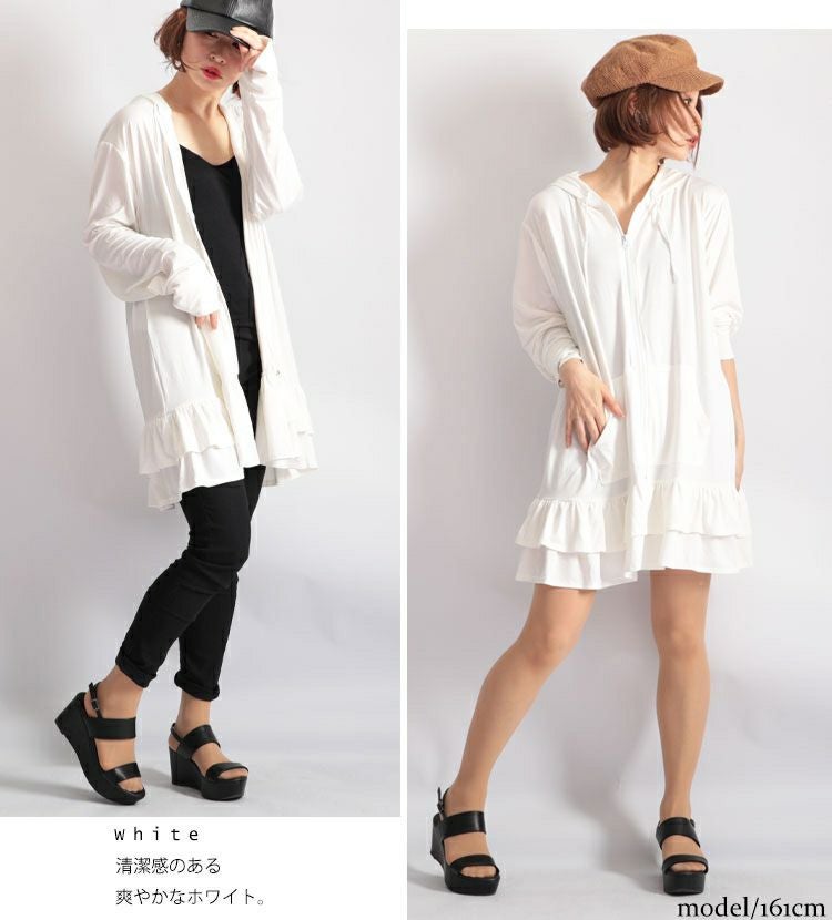 大きいサイズ レディース UVカット＆吸水速乾ラッシュガード裾フリルZIPパーカー　map-3