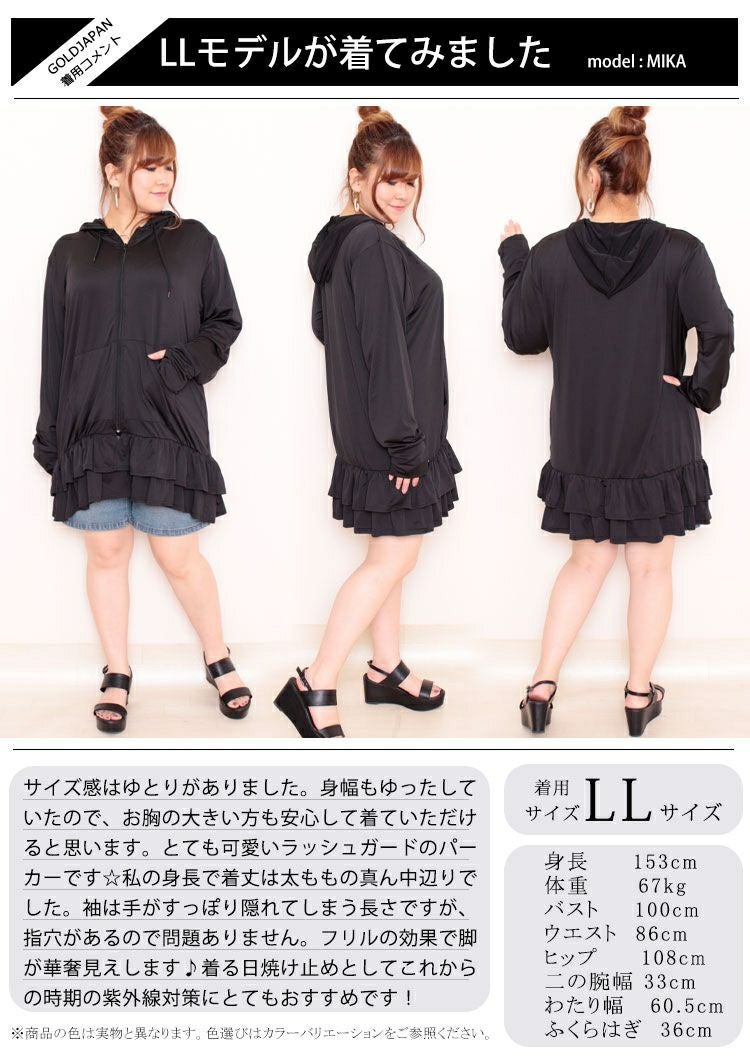 大きいサイズ レディース UVカット＆吸水速乾ラッシュガード裾フリルZIPパーカー　map-3