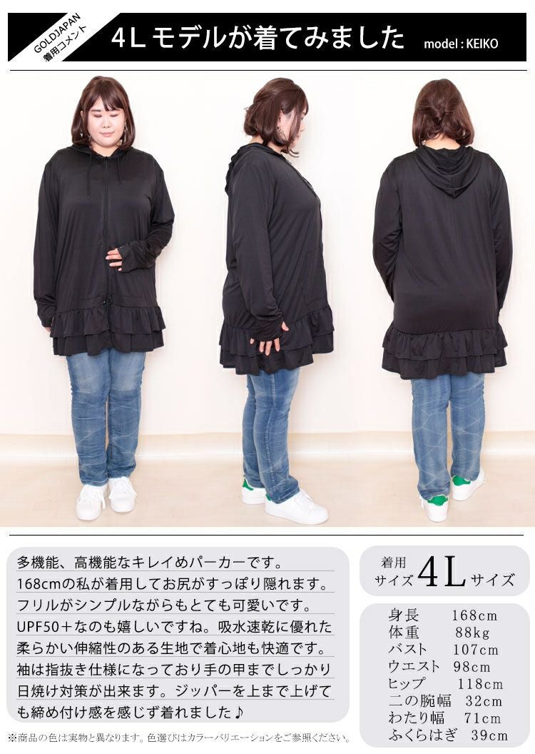 大きいサイズ レディース UVカット＆吸水速乾ラッシュガード裾フリルZIPパーカー　map-3