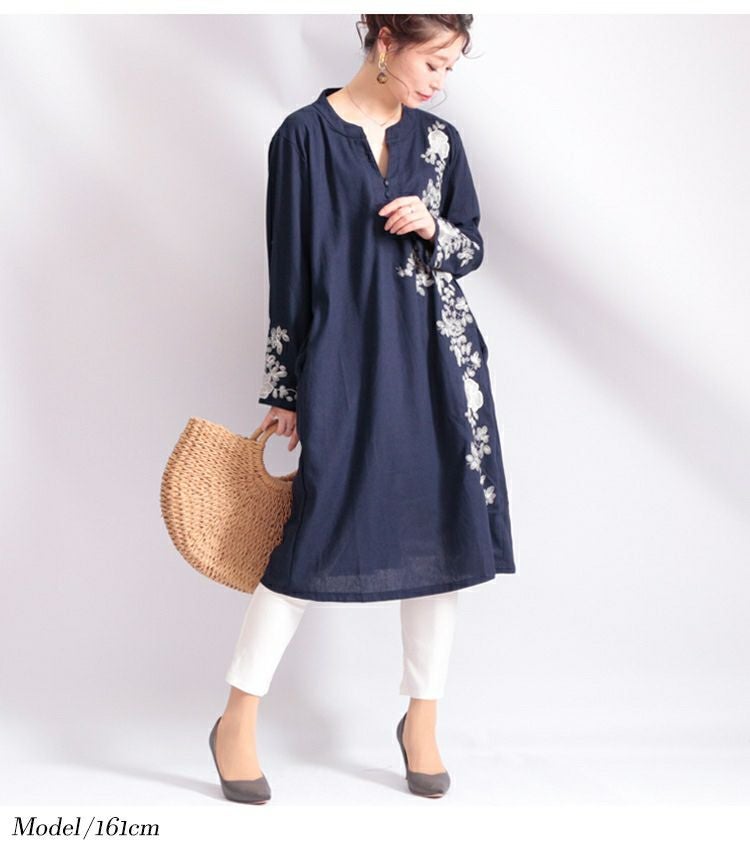 大きいサイズ レディース 花刺繍コットンリネンワンピース　gold785