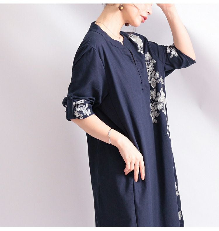 大きいサイズ レディース 花刺繍コットンリネンワンピース　gold785