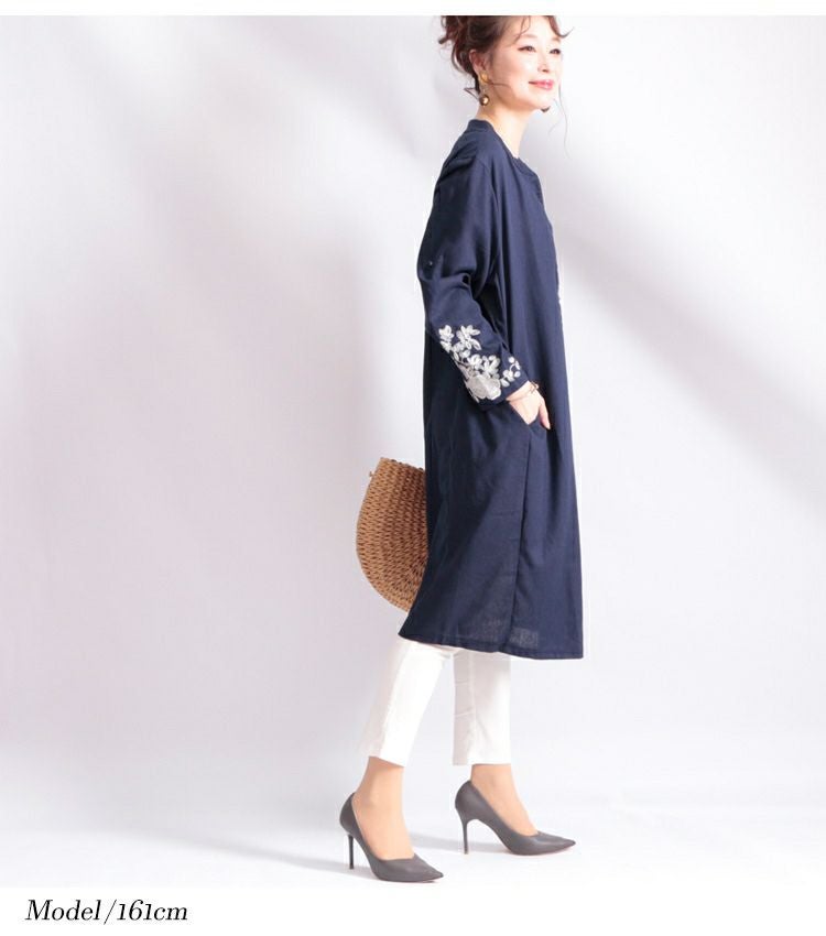 大きいサイズ レディース 花刺繍コットンリネンワンピース　gold785