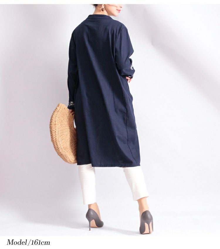 大きいサイズ レディース 花刺繍コットンリネンワンピース　gold785