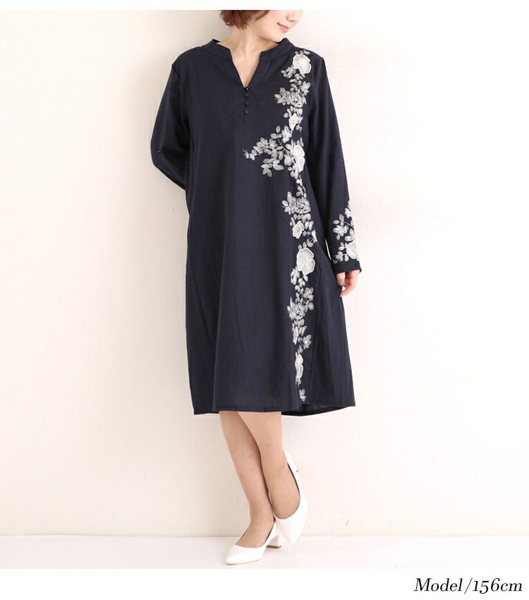 大きいサイズ レディース 花刺繍コットンリネンワンピース　gold785