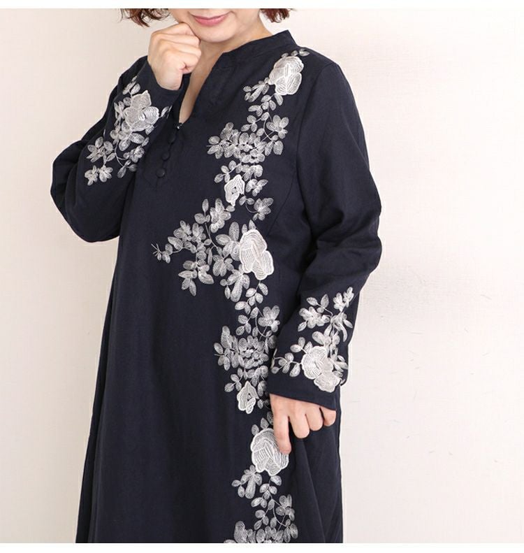 大きいサイズ レディース 花刺繍コットンリネンワンピース　gold785