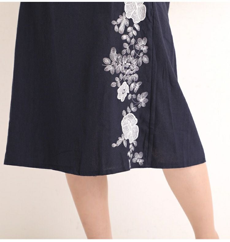 大きいサイズ レディース 花刺繍コットンリネンワンピース　gold785