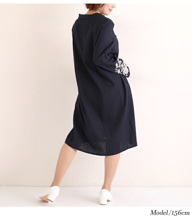 大きいサイズ レディース 花刺繍コットンリネンワンピース　gold785